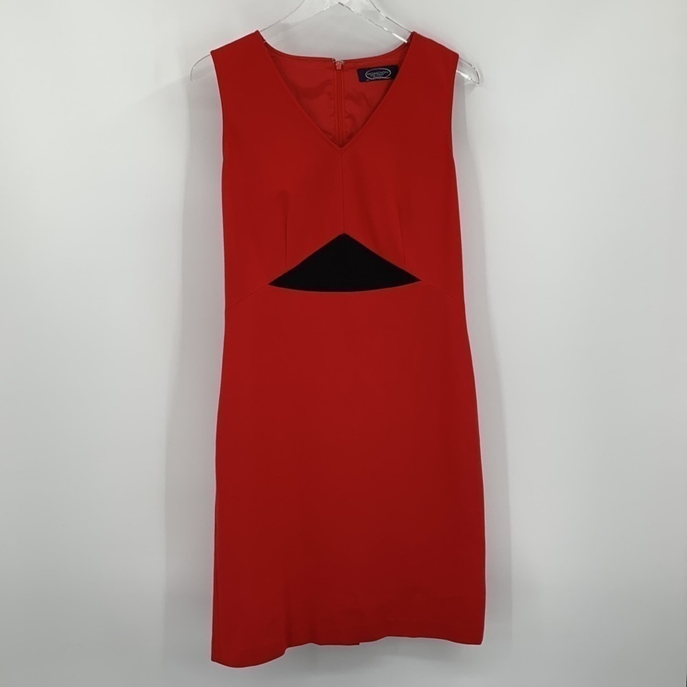 Magaschoni colorblock shift sleeveless dress knit stretch red black v-neck 8